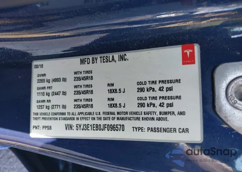 2018 Tesla Model 3 Long Range/Performance from USA, damaged, VIN 5YJ3E1EB0JF096570